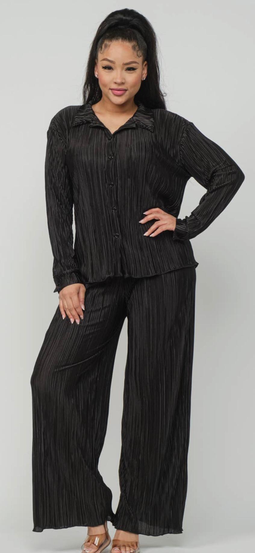 Pleated Front Button Down Top and Pants Set