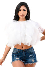 Load image into Gallery viewer, Ruffle Tulle Crop Top- Black, White and Fuchsia
