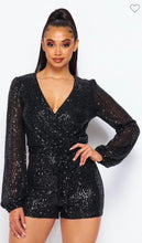 Load image into Gallery viewer, Long sleeved Sequin Romper with Self Tie Belt
